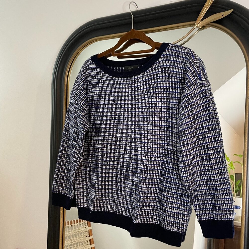 J. Crew Tweed Wool Blue Silver Metallic Knit Quarter Sleeve Pullover Sweater S